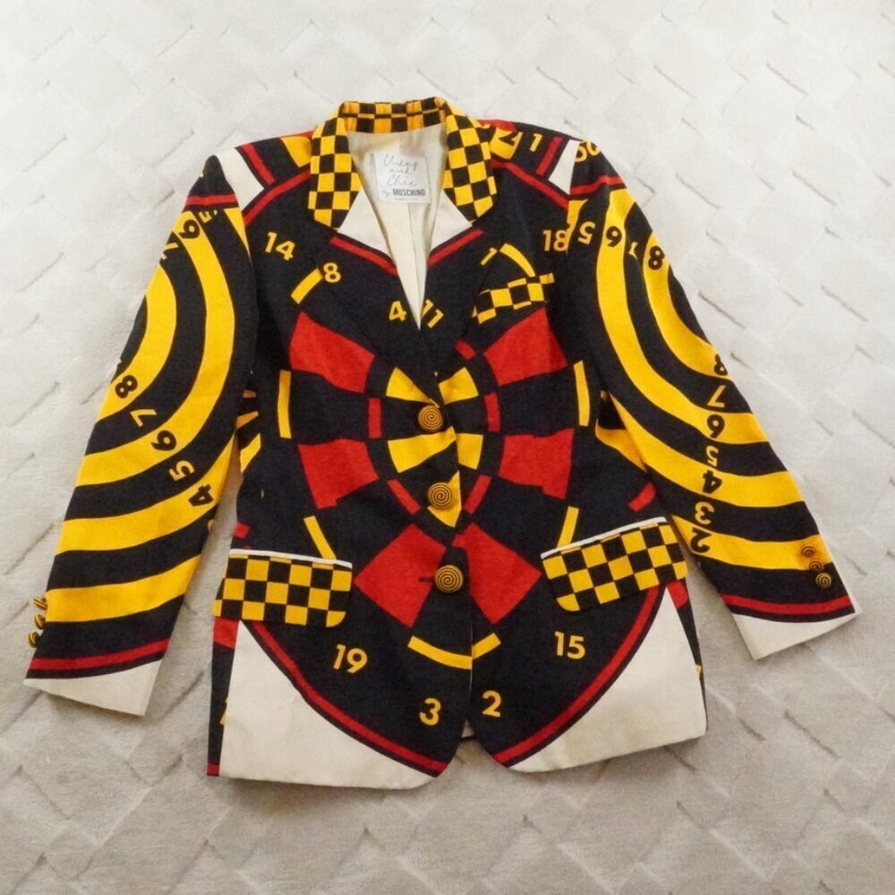 90s Moschino Cheap and Chic Dartboard Print Blazer Womens 12 Spiral Buttons